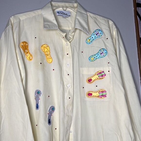 90s vintage Las Olas Sequin Embroidered flip-flop button-down long sleeve shirt - Picture 4 of 10